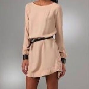 A.L.C. Tan Long Sleeves Lamb Leather Cuffs Italian Mini Dress Missing Belt 6